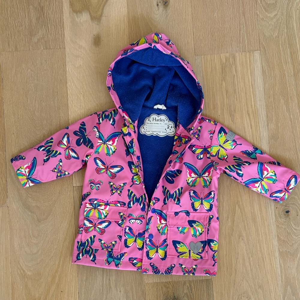 Hatley Pink Butterfly Raincoat with Blue Lining